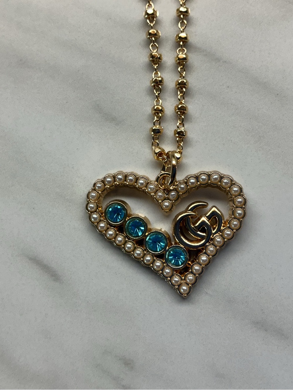 Gold-Tone Heart Pendant Necklace with Blue Stones and Pearls